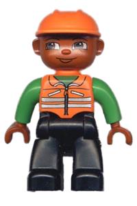 Duplo Figure Lego Ville, Male, Black Legs, Orange Vest, Orange Construction Helmet, Dark Skin 47394pb002