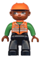 Duplo Figure Lego Ville, Male, Black Legs, Orange Vest, Orange Construction Helmet, Dark Skin - 47394pb002