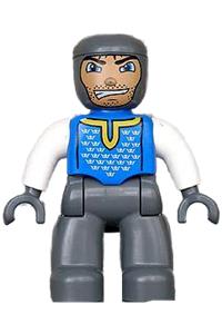 Duplo Male Castle - Lego Ville male Duplo figure with dark bluish gray legs, blue chest, dark bluish gray arms, and white hands - 47394pb006