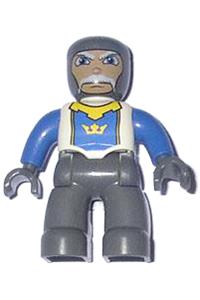 Duplo Male Castle Knight - Castle-themed male Duplo figure with dark bluish gray legs, white chest, blue arms, and dark bluish gray hands - 47394pb007