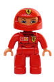 Male Duplo figure from Lego Ville with red legs and a red top featuring Ferrari/Shell/Vodafone pattern - 47394pb009