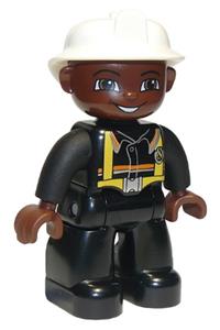 Duplo Male Firefighter - A male fireman Duplo figure from Lego Ville with black legs, black hands, white helmet, and brown face - 47394pb010