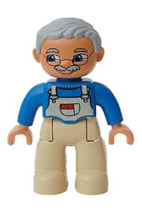 Duplo Figure Lego Ville, Male, Tan Legs, Blue Top with White Overalls Bib, Light Bluish Gray Hair 47394pb011a
