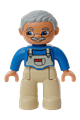 Duplo Figure Lego Ville, Male, Tan Legs, Blue Top with White Overalls Bib, Light Bluish Gray Hair - 47394pb011a
