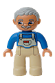 Male LEGO Ville Duplo figure with tan legs, wearing a blue top with white overalls bib and light bluish gray hair - 47394pb011a