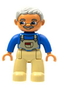 Duplo Figure Lego Ville, Male, Tan Legs, Blue Top with Tan Overalls Bib, Glasses, Light Bluish Gray Hair 47394pb011b