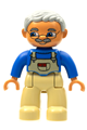 Duplo Figure Lego Ville, Male, Tan Legs, Blue Top with Tan Overalls Bib, Glasses, Light Bluish Gray Hair - 47394pb011b