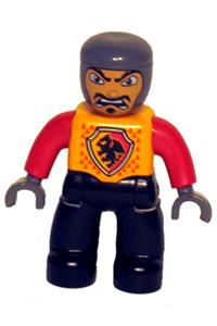 Duplo Male Castle Knight - Lego Ville Duplo figure of a male castle with black legs, bright light orange chest, red arms, dark bluish gray hands, and an open mouth - 47394pb013