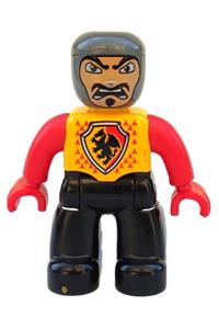Duplo Male Castle Knight - Duplo figure with bright light orange chest, red arms, and hands, wearing a male castle with black legs - 47394pb014