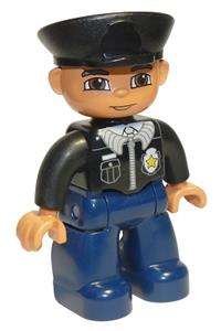 Duplo Figure Lego Ville, Male Police, Black Hat, Light Nougat Head and Hands, Brown Eyes, Black Shirt with Badge, Dark Blue Legs 47394pb016