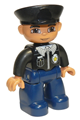 Duplo Figure Lego Ville, Male Police, Black Hat, Light Nougat Head and Hands, Brown Eyes, Black Shirt with Badge, Dark Blue Legs - 47394pb016