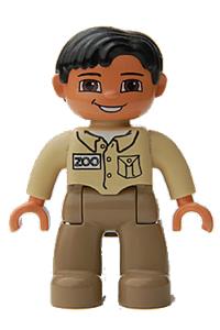 Duplo Figure Lego Ville, Male, Dark Tan Legs, Tan Top, Black Hair, Brown Eyes 47394pb018