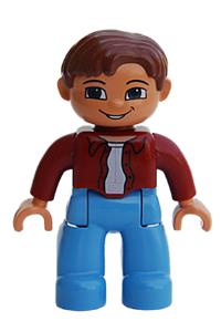 Duplo Figure Lego Ville, Male, Medium Blue Legs, Dark Red Top, Reddish Brown Hair 47394pb019