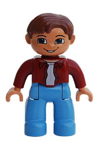Duplo Male - Male Duplo figure in Lego Ville with medium blue legs, dark red top, and reddish brown hair - 47394pb019