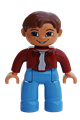 Male Duplo figure in Lego Ville with medium blue legs, dark red top, and reddish brown hair - 47394pb019