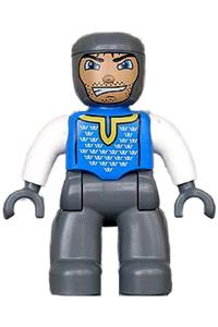 Duplo Male Castle Knight - Lego Ville Duplo figure, male with dark bluish gray legs, blue chest, white arms, and dark bluish gray hands - 47394pb020