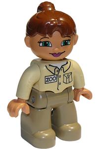 Duplo Figure Lego Ville, Female, Dark Tan Legs, Tan Top, Reddish Brown Ponytail Hair, Green Eyes 47394pb021