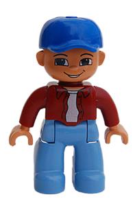Duplo Figure Lego Ville, Male, Medium Blue Legs, Dark Red Top, Blue Baseball Cap 47394pb022