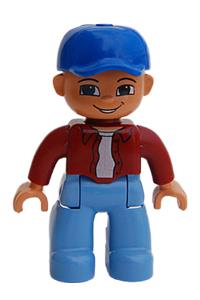 Duplo Male - A male Duplo figure from Lego Ville with medium blue legs, a dark red top, and a blue baseball cap - 47394pb022
