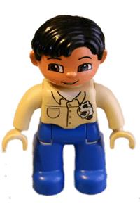 Duplo Figure Lego Ville, Male, Blue Legs, Tan Top with Buttons and Rag in Pocket, Black Hair, Tan Hands 47394pb023