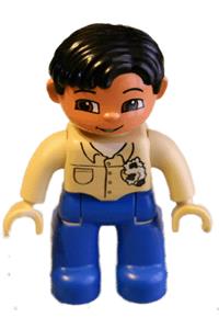 Duplo Male - Lego Ville Duplo figure, male with black hair, tan hands, wearing blue legs and a tan top with buttons and rag in pocket - 47394pb023