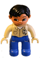 Lego Ville Duplo figure, male with black hair, tan hands, wearing blue legs and a tan top with buttons and rag in pocket - 47394pb023