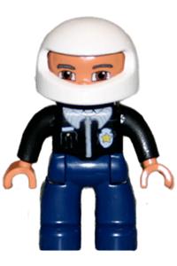 Duplo Figure Lego Ville, Male Police, Dark Blue Legs, Black Top with Badge, Black Arms, White Helmet 47394pb024