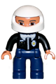 Male Duplo Figure Lego Ville police officer with dark blue legs, black top with badge, black arms, and white helmet - 47394pb024
