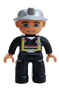 Duplo Figure Lego Ville, Male Fireman, Black Legs, Black Hands, Silver Helmet, Blue Eyes 47394pb025