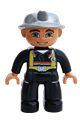 Duplo Figure Lego Ville, Male Fireman, Black Legs, Black Hands, Silver Helmet, Blue Eyes - 47394pb025