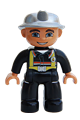 Lego Ville Duplo figure, male fireman with black legs, hands, silver helmet, and blue eyes - 47394pb025