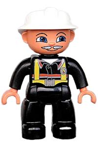 Duplo Male Firefighter - Lego Ville Duplo figure, male fireman with black legs, black hands, white helmet, and light gray moustache - 47394pb026