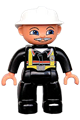 Lego Ville Duplo figure, male fireman with black legs, black hands, white helmet, and light gray moustache - 47394pb026