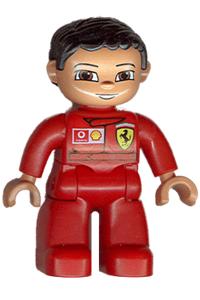 Duplo Male Racer - Male Lego Ville Duplo figure with red legs, wearing a top featuring Ferrari/Shell/Vodafone pattern - 47394pb027