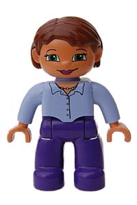Duplo Female - Female Duplo Figure from Lego Ville with dark purple legs, light violet top, and reddish brown hair - 47394pb028