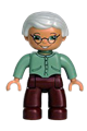 Duplo LEGO Ville figure: Female with very light gray hair, green eyes, wearing sand green sweater, dark red legs, and glasses - 47394pb030