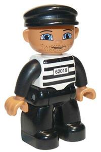 Duplo Male - Male Duplo Figure from Lego Ville with black legs, black and white striped top featuring number 62019, black arms, hands, and cap - 47394pb032