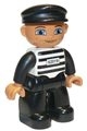 Male Duplo Figure from Lego Ville with black legs, black and white striped top featuring number 62019, black arms, hands, and cap - 47394pb032