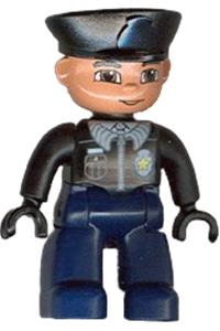 Duplo Male Police - Duplo Figure Lego Ville, Male Police, Dark Blue Legs, Black Top with Badge, Black Arms, Black Hands, Black Hat - 47394pb033