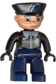 Duplo Figure Lego Ville, Male Police, Dark Blue Legs, Black Top with Badge, Black Arms, Black Hands, Black Hat - 47394pb033