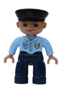 Duplo Figure Lego Ville, Male Police, Black Hat, Nougat Head and Hands,  Light Blue Shirt with Badge, Dark Blue Legs 47394pb034