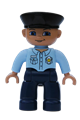A male police Duplo figure in black hat with nougat head and hands, light blue shirt, and dark blue legs - 47394pb034