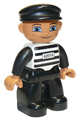 Duplo Figure Lego Ville, Male Prisoner, Black Cap, Light Nougat Head and Hands, Black and White Striped Shirt with &#39;62019&#39;, Black Legs - 47394pb035