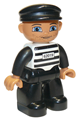 Male DUPLO figure from LEGO Ville, dressed as a prisoner with a black cap, black and white striped shirt, and black legs - 47394pb035