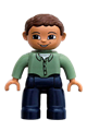 Duplo Figure Lego Ville, Male, Dark Blue Legs, Sand Green Top with Buttons, Reddish Brown Hair, Brown Eyes - 47394pb036