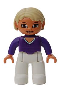 Duplo Figure Lego Ville, Female, White Legs, Dark Purple Top, Tan Hair, Brown Eyes 47394pb037