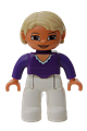 Female Duplo figure in Lego Ville with white legs, dark purple top, tan hair, and brown eyes - 47394pb037