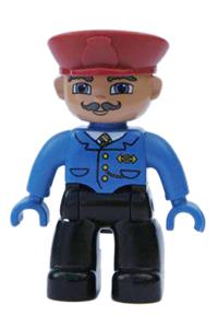Duplo Figure Lego Ville, Male, Black Legs, Blue Jacket with Tie, Red Hat, Curly Moustache 47394pb038
