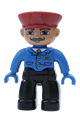 Duplo Figure Lego Ville, Male, Black Legs, Blue Jacket with Tie, Red Hat, Curly Moustache - 47394pb038