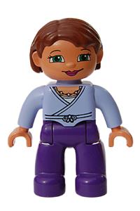 Duplo Figure Lego Ville, Female, Dark Purple Legs, Light Blue Wrap Top with Necklace, Reddish Brown Hair, Nougat Hands 47394pb039
